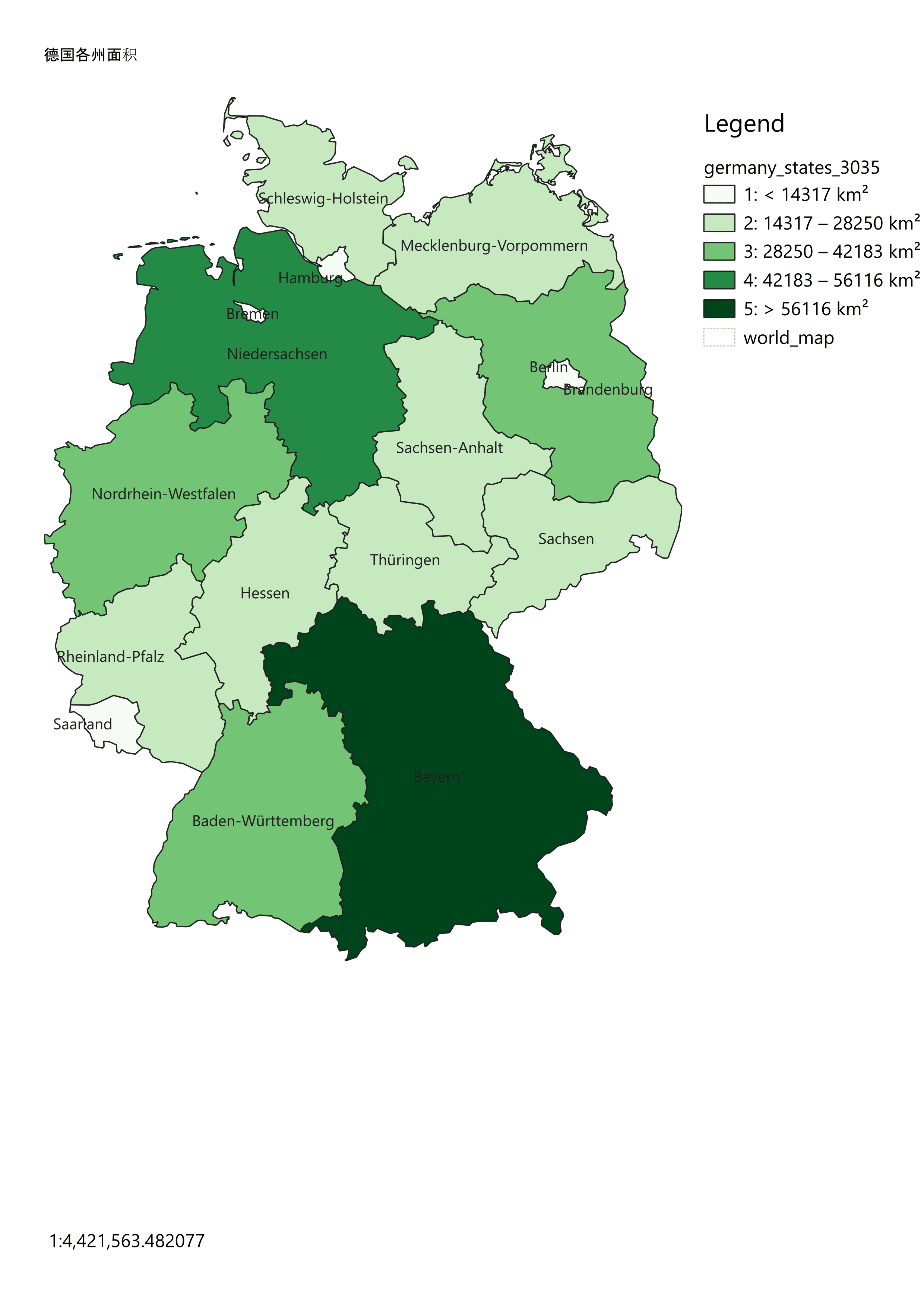 The exported A4 portrait map: a title in Chinese, the states in 5 green classes with their names, a legend of the 5 area ranges and a numeric scale.