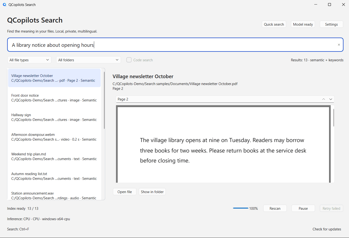 QCopilots Search in English with “A library notice about opening hours” in the search box. The first result is Village newsletter October, and the preview on the right shows page 2 of the PDF with the library notice.